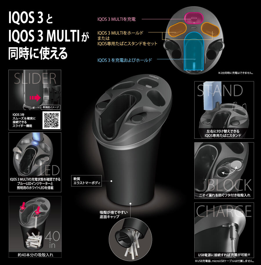 IQOS 3と IQOS 3 MULTIをまとめてホールド。左右両席から使いやすい